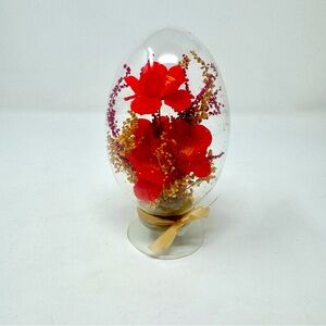 Vintage 1970s Floral Glass Egg Diorama Red Boho Hibiscus Flowers